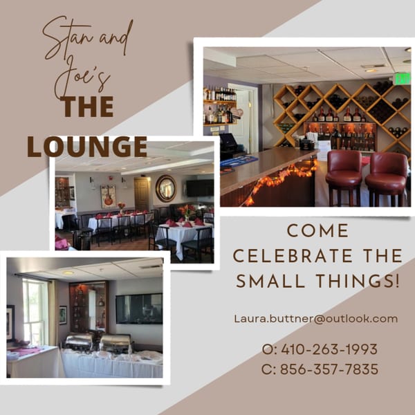 Collage of Stan & Joe's Saloon lounge with a bar, dining tables, and a buffet setup.