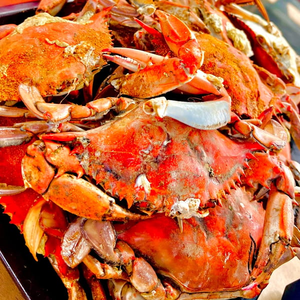 A close-up of a pile of steamed red crabs seasoned with spices, ready to be eaten.