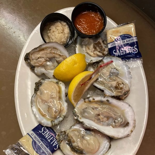 A plate of fresh oysters on ice with lemon wedges, cocktail sauce, horseradish, and saltine crackers.